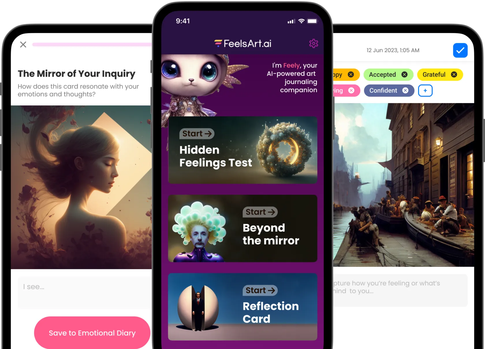 Three FeelsArt.ai app screens: reflection card, home with Hidden Feelings Test, and art diary