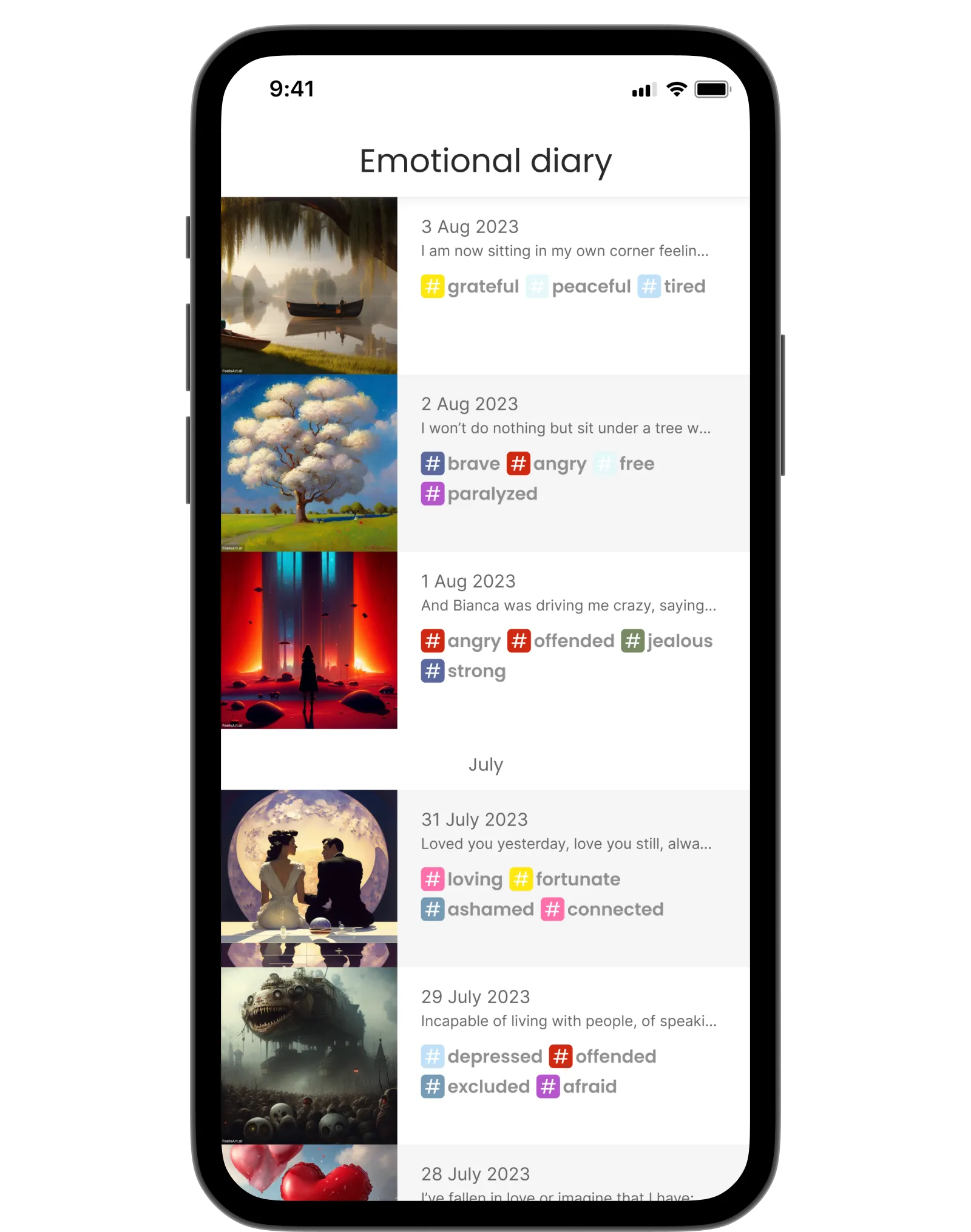 FeelsArt.ai diary screen with AI artwork entries